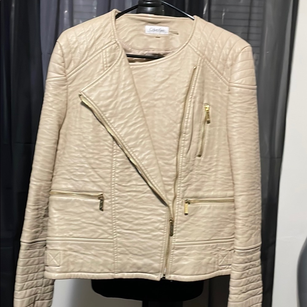 Calvin Klein Cream Leather Moto Jacket